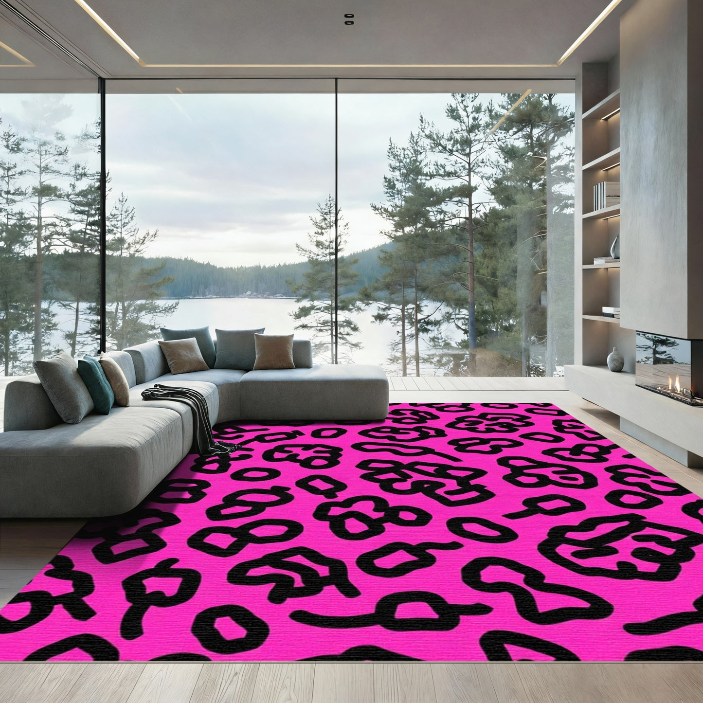 Hot Pink Black Abstract Animal Print Rug