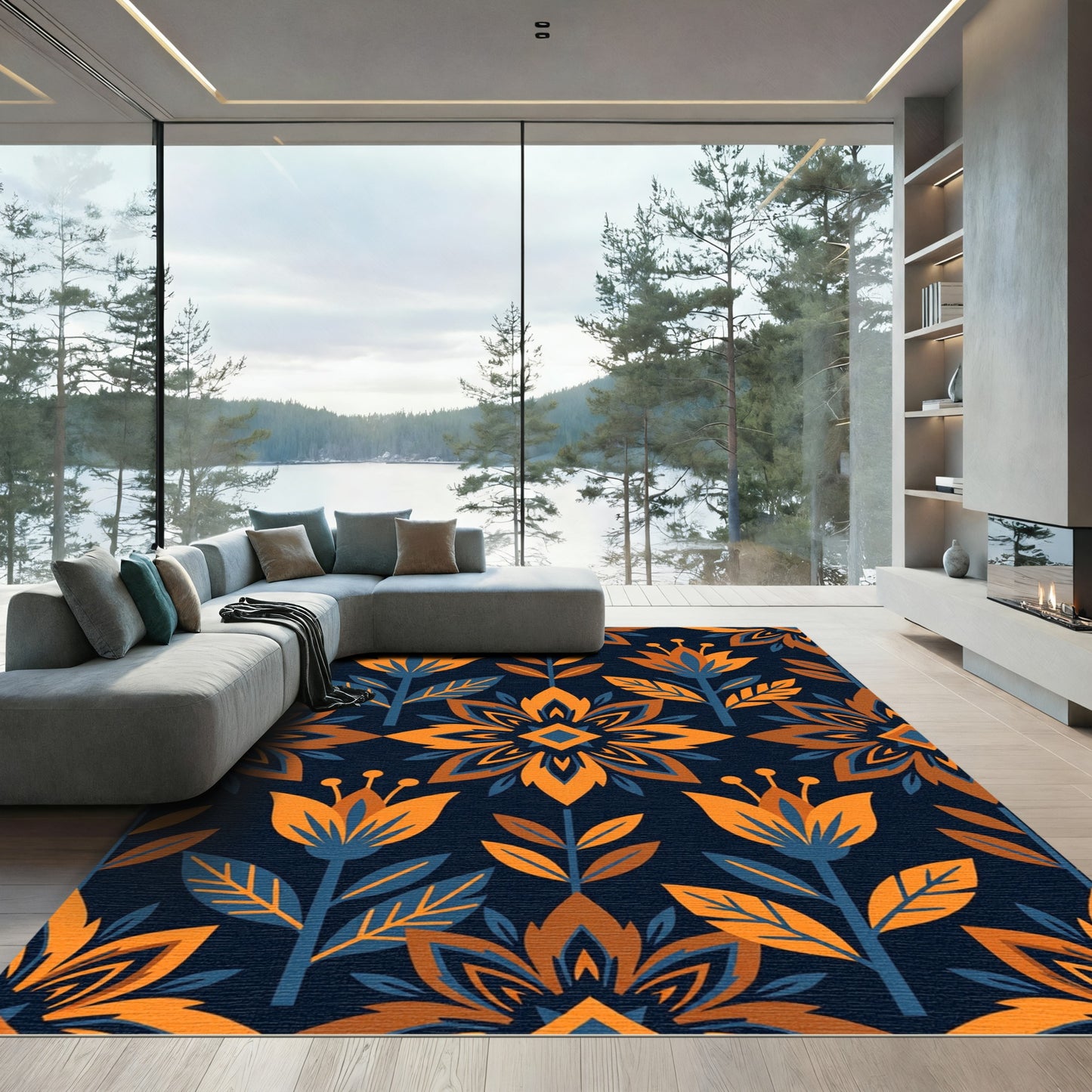 Orange Blue Floral Stem Medallion Rug