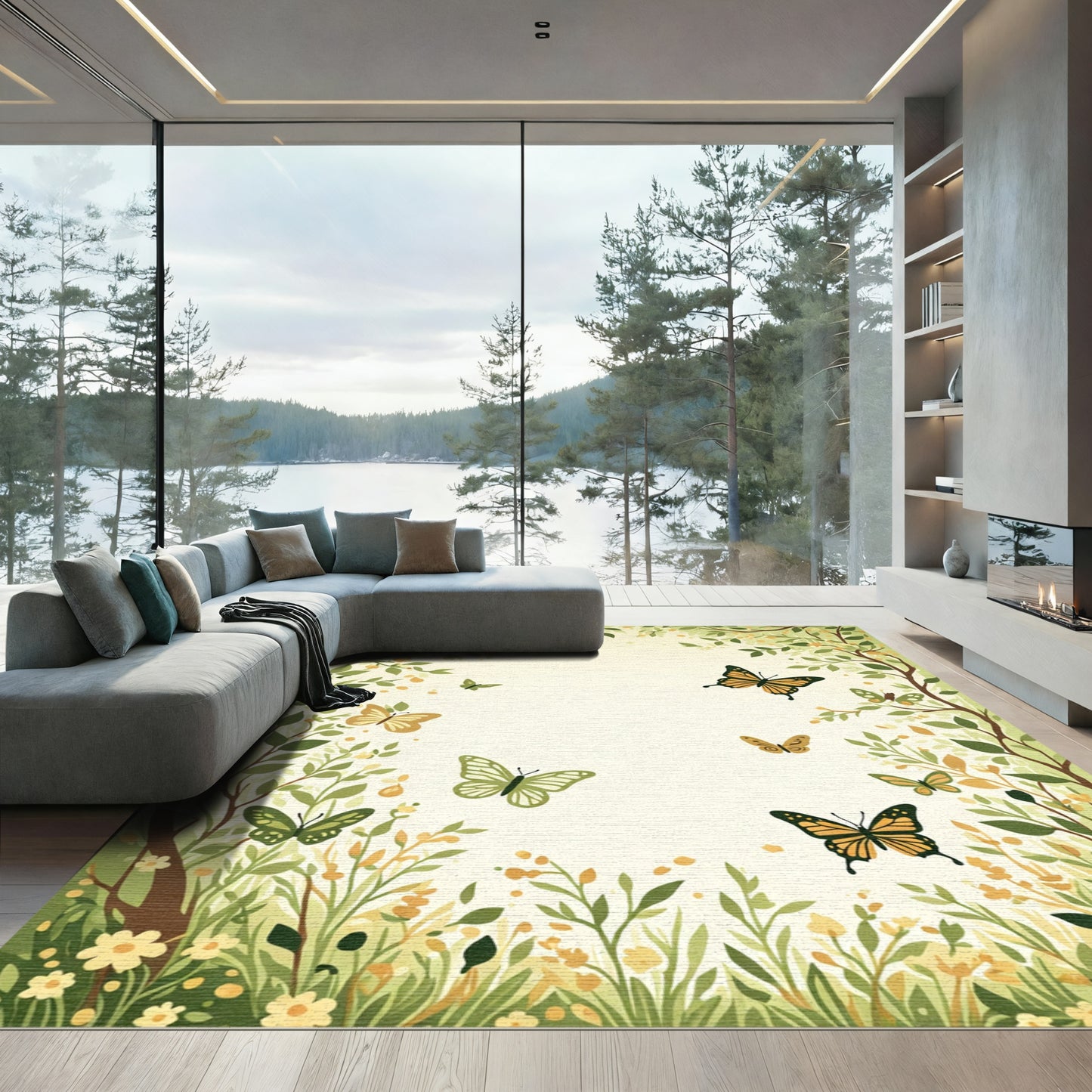 Whimsical Garden Butterflies Green Yellow Rug