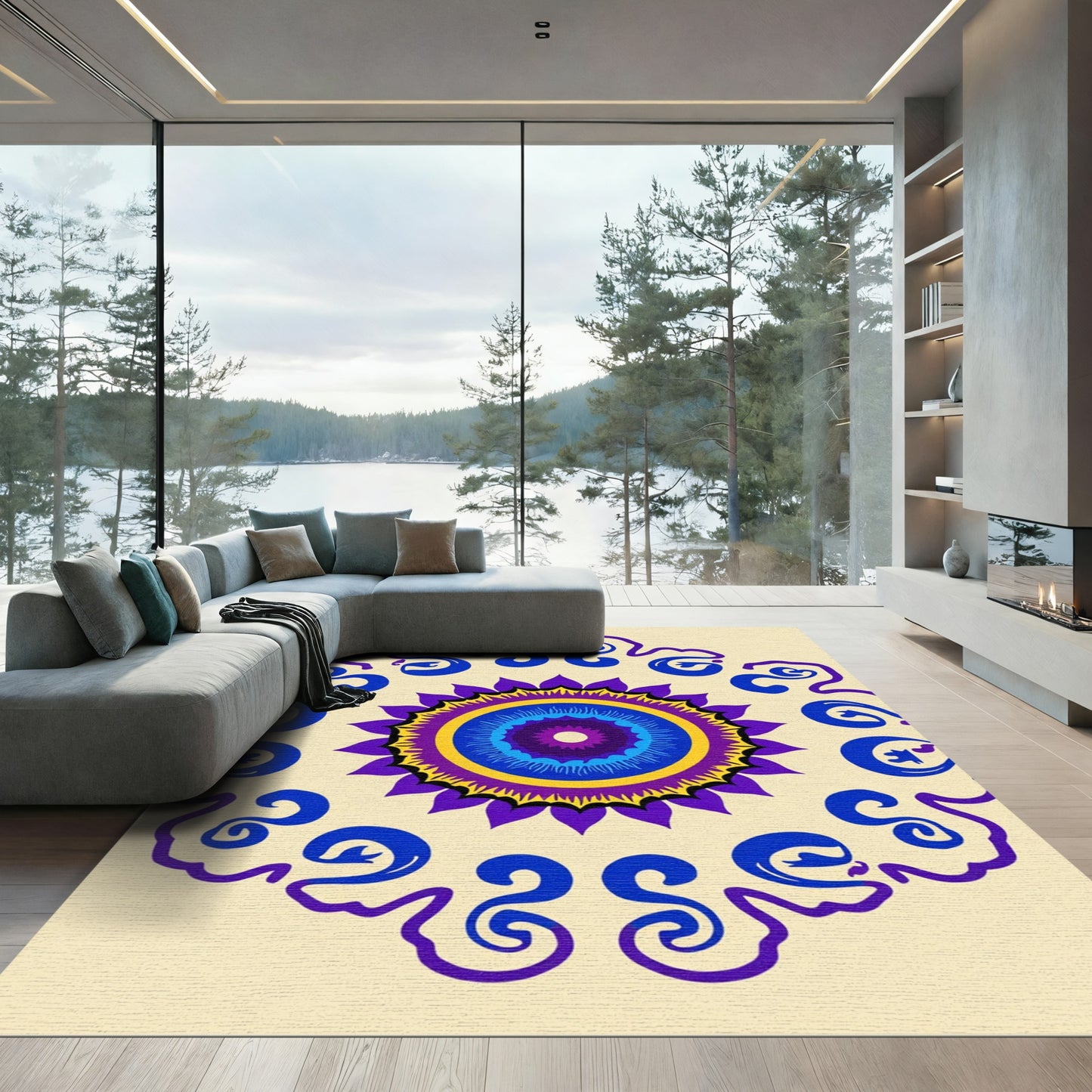 Vibrant Purple Blue Sunburst Mandala Rug
