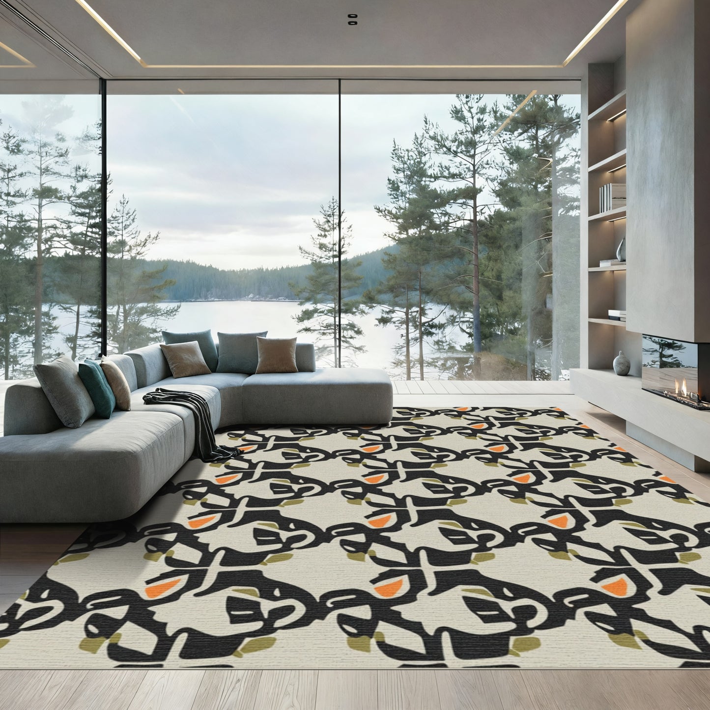 Abstract Organic Black Orange Medallion Rug