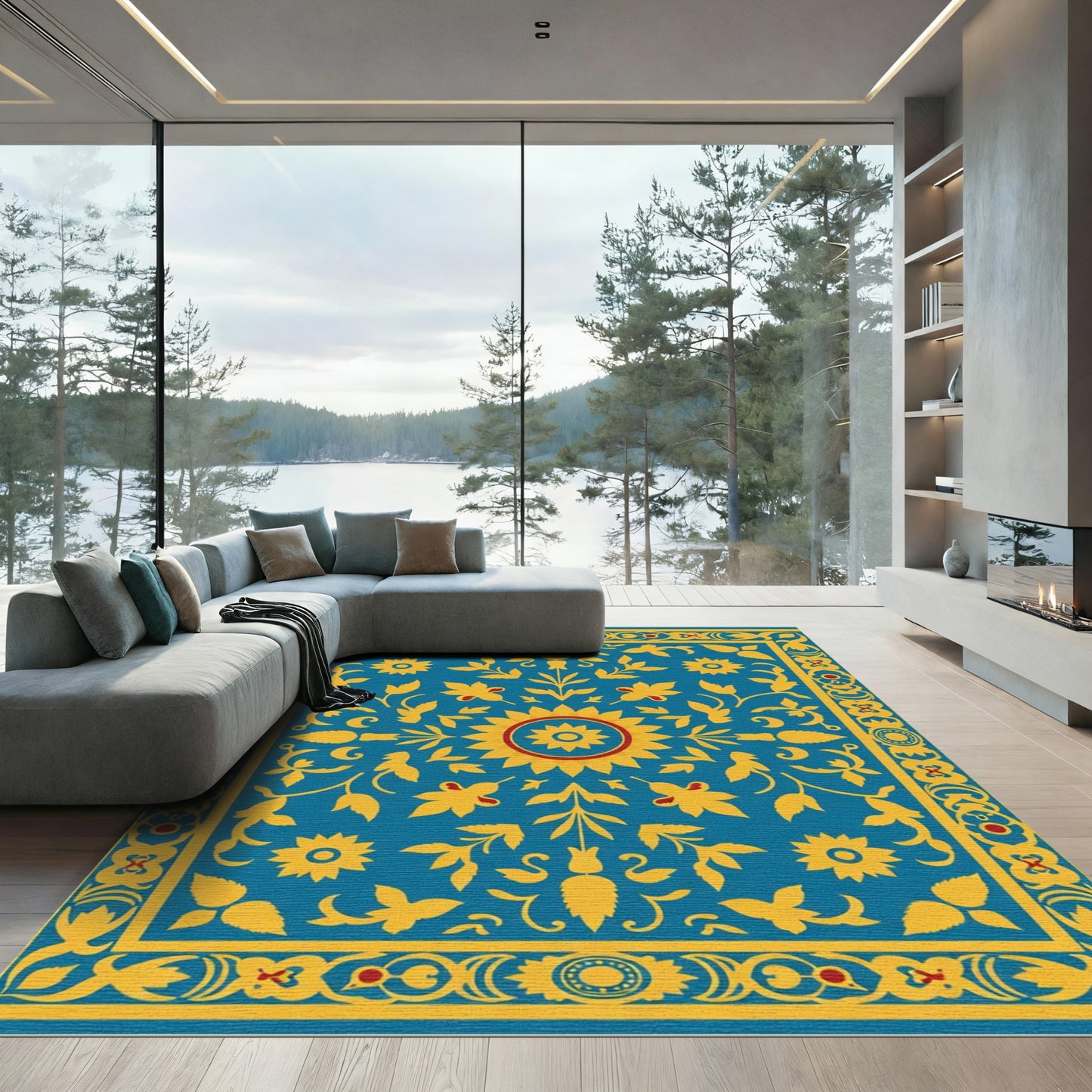 Azure Sunburst Floral Scroll Rug