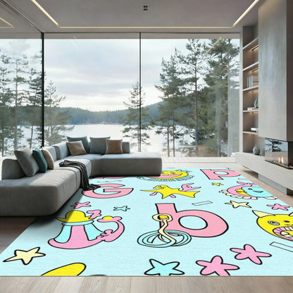 Whimsical Pink Blue Yellow Creatures Rug