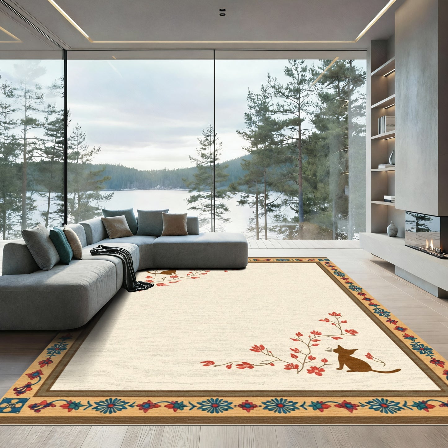 Brown Cat Red Floral Border Rug