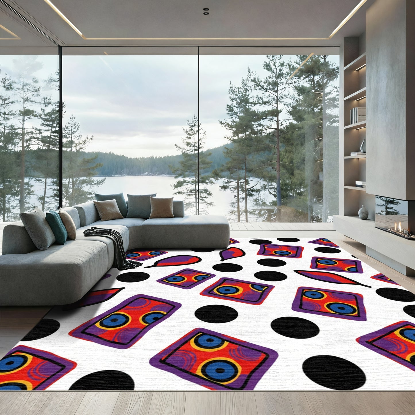 Bold Red Rectangles Black Dots Leaves Rug