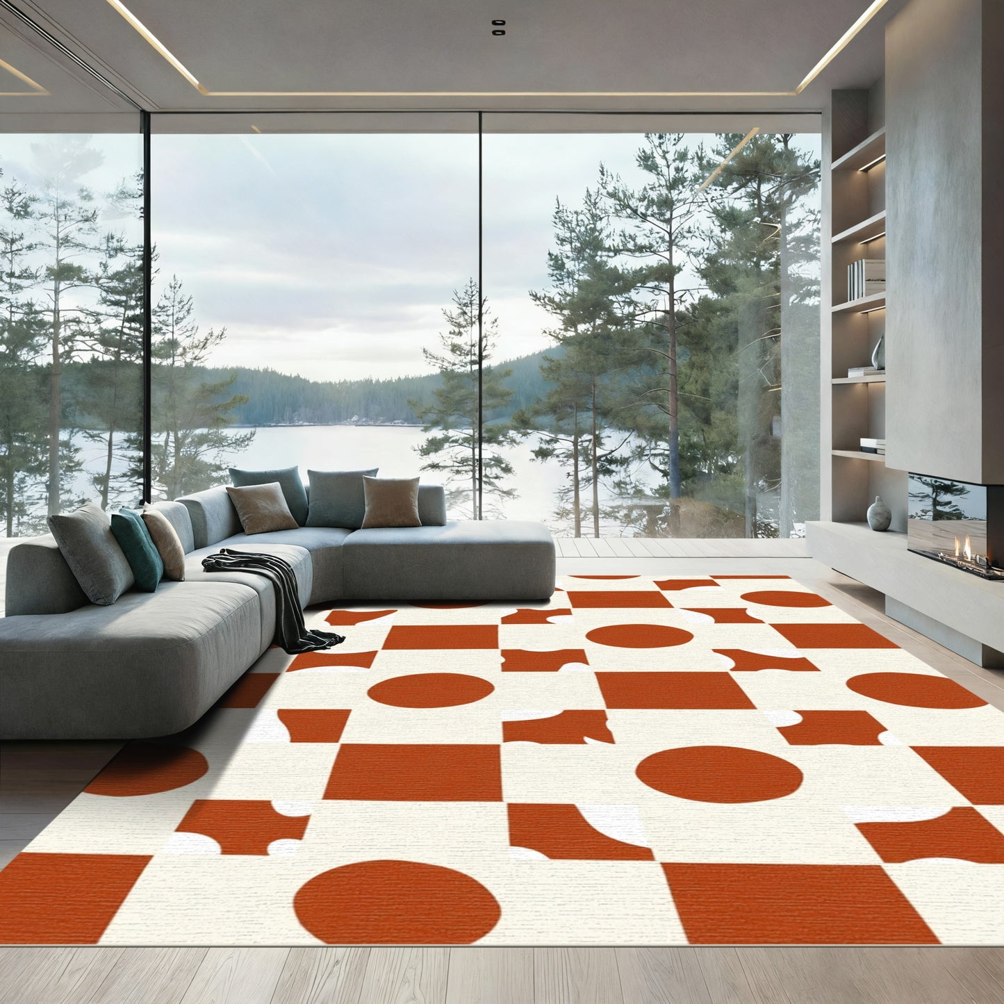 Terracotta and Cream Checkered Circles Rug