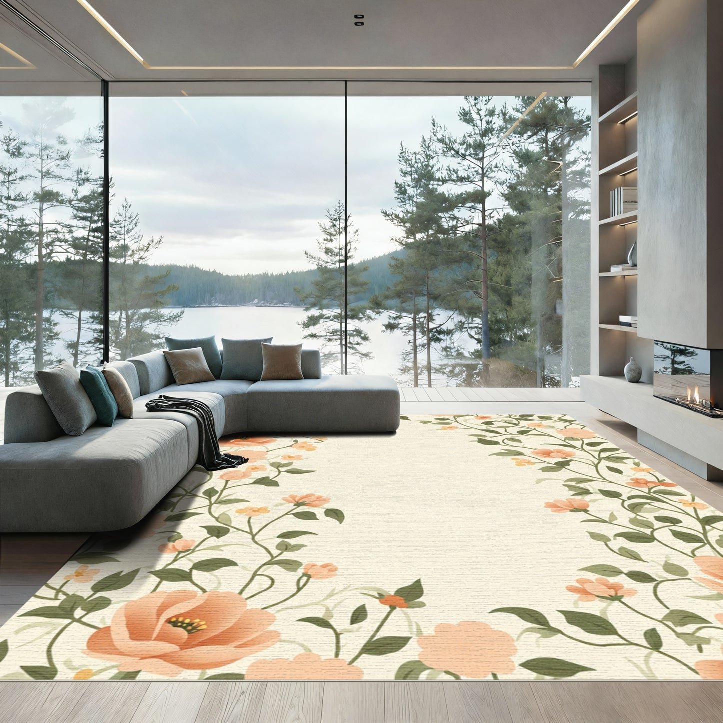 Coral Floral Vine Border Rug
