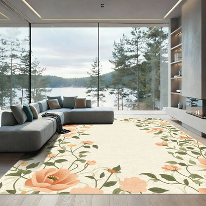Coral Floral Vine Border Rug