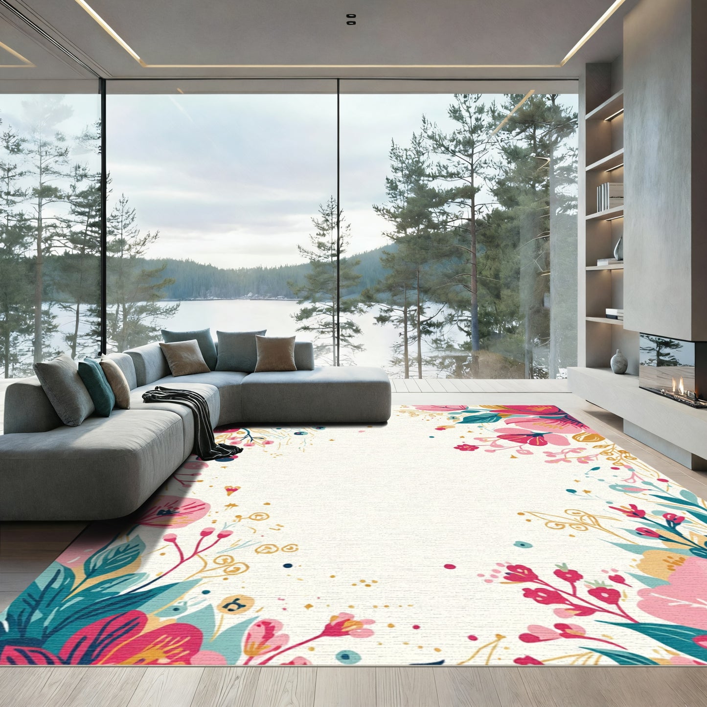 Pink And Teal Floral Frame Rug