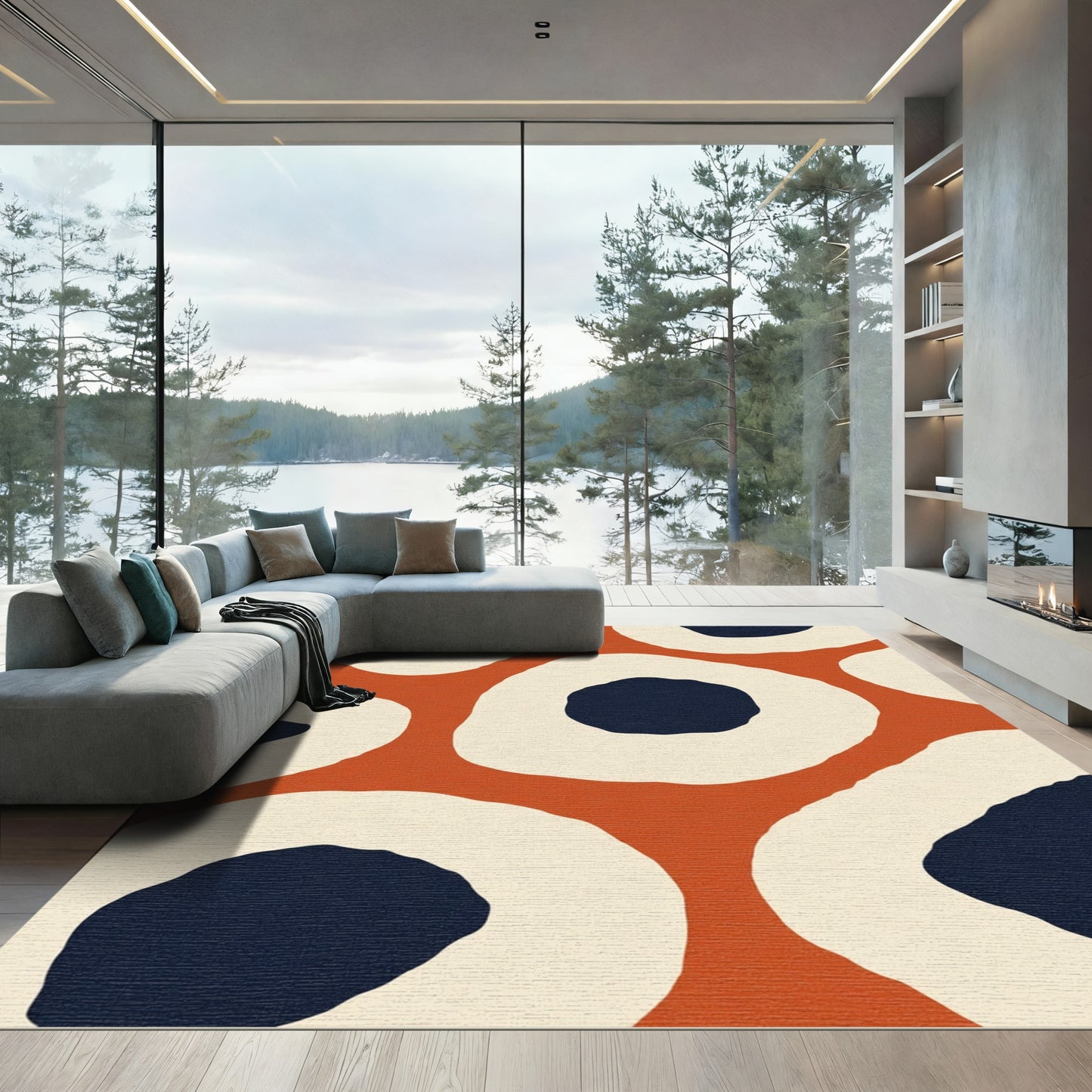Orange Cream Navy Abstract Organic Shapes Rug