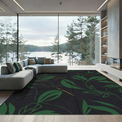 Dark Green Leafy Branches With Gold Streaks Rug
