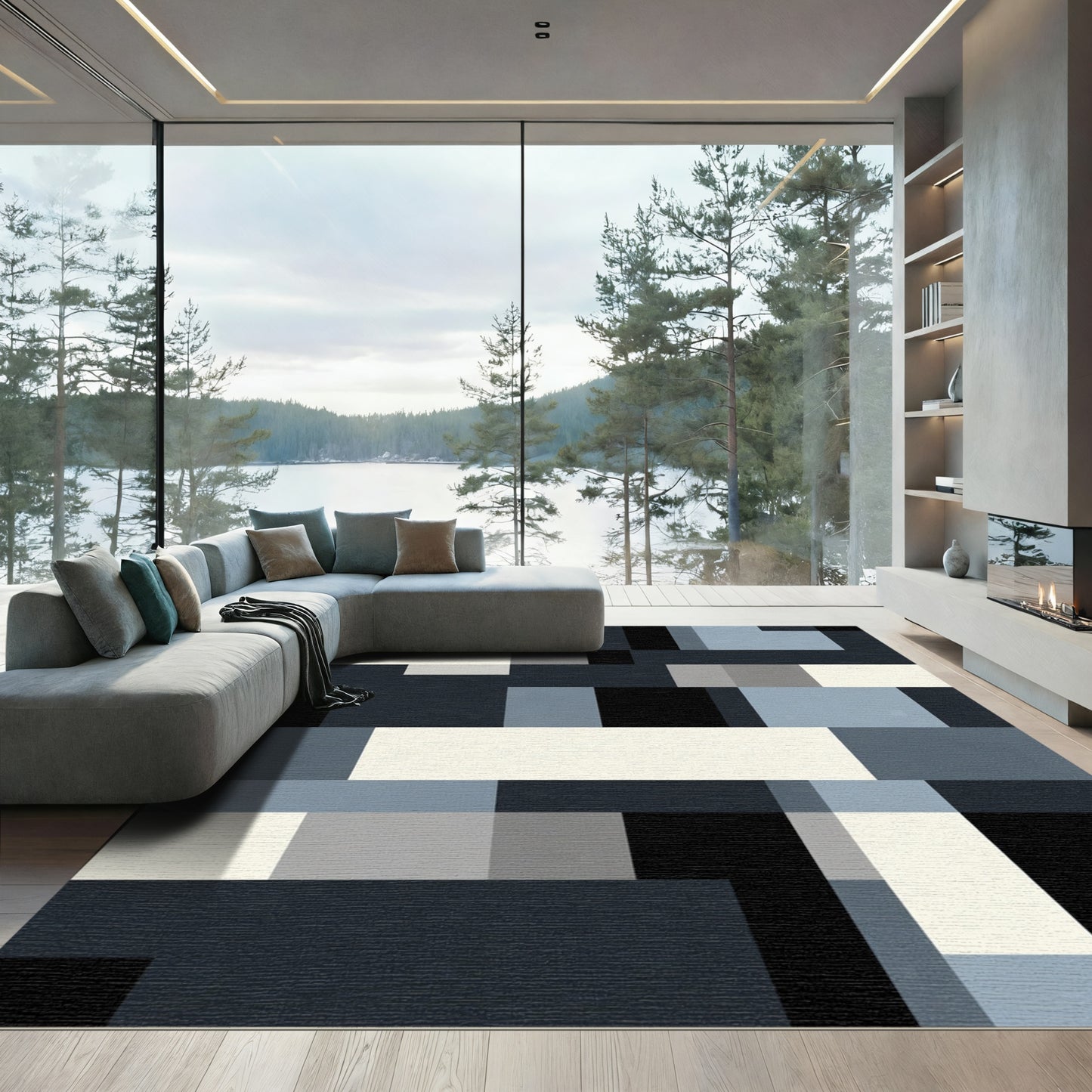 Abstract Blue Gray Black Rectangles Rug