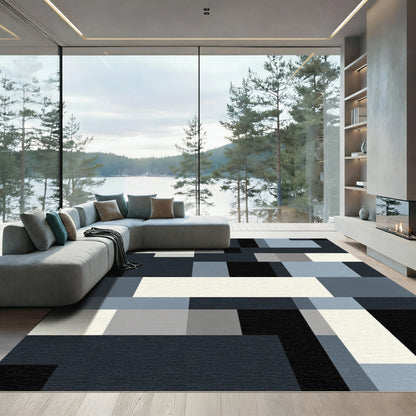 Abstract Blue Gray Black Rectangles Rug