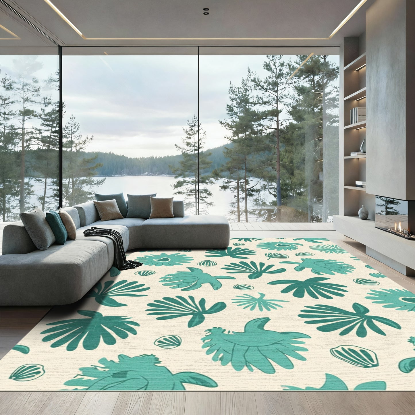 Teal Abstract Botanical Organic Rug
