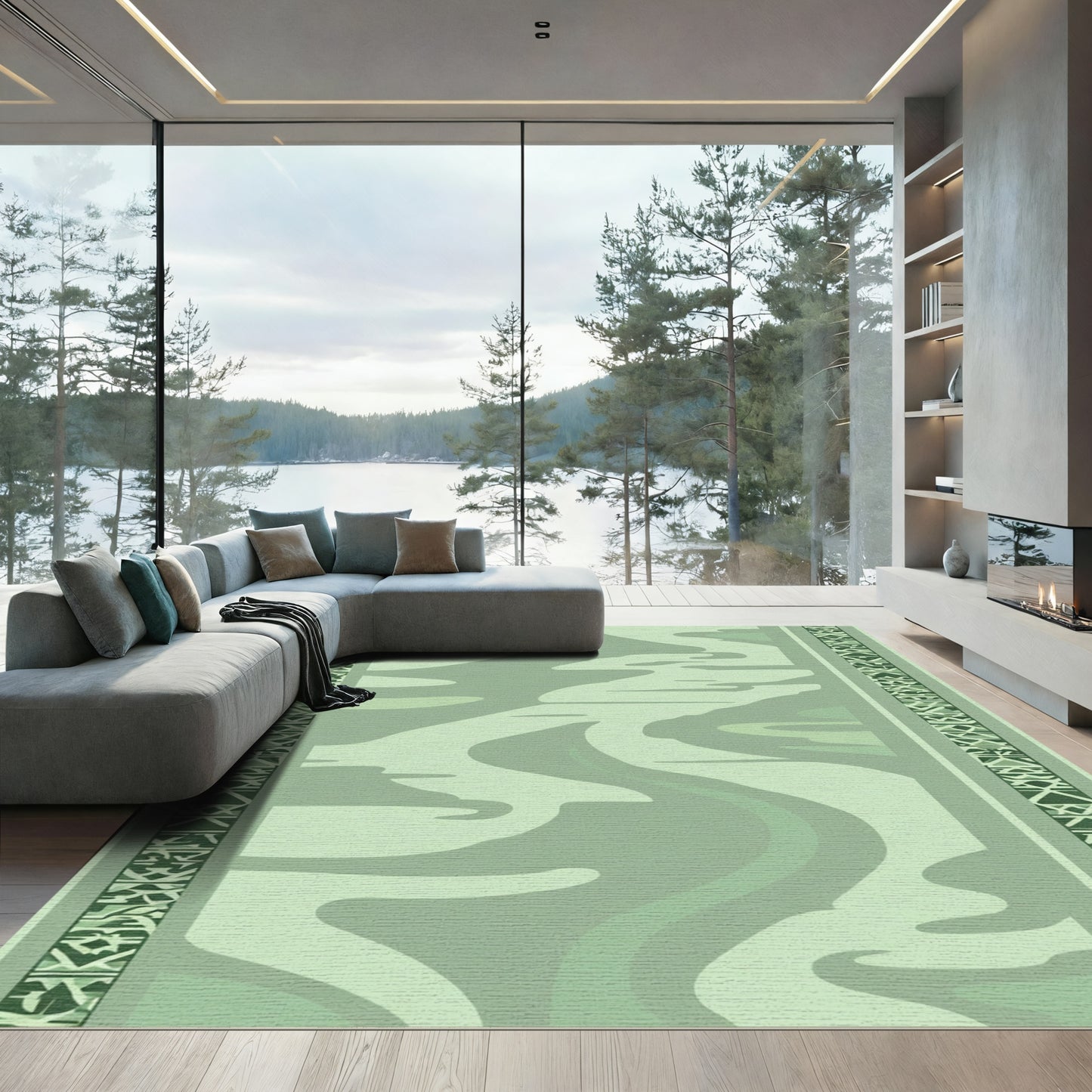Sage Green Abstract Organic Border Rug