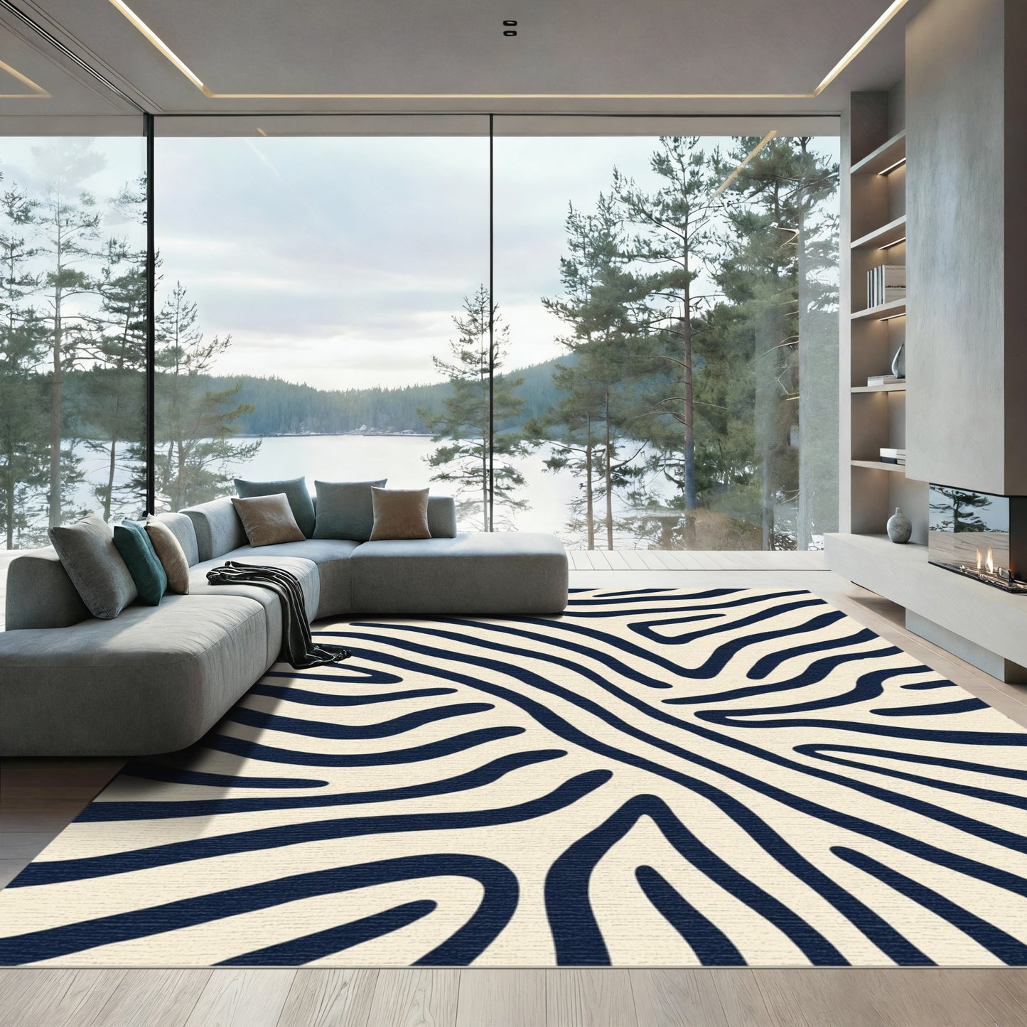 Cream Navy Abstract Zebra Stripe Rug
