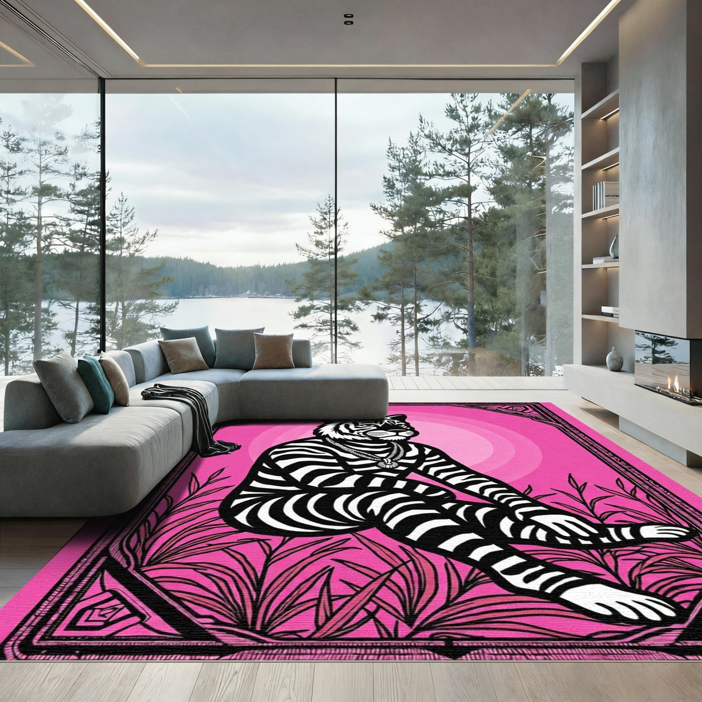 Bold Pink Tiger Stripes Jungle Scene Rug