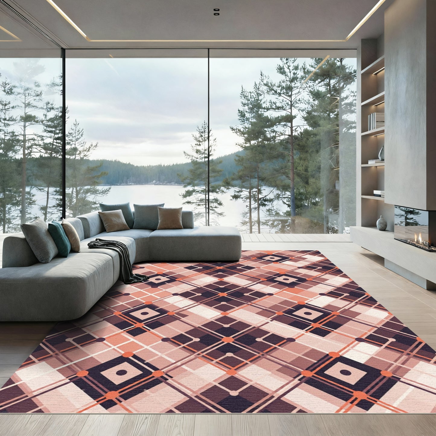 Warm Rose Diamond Lattice Intersecting Lines Rug