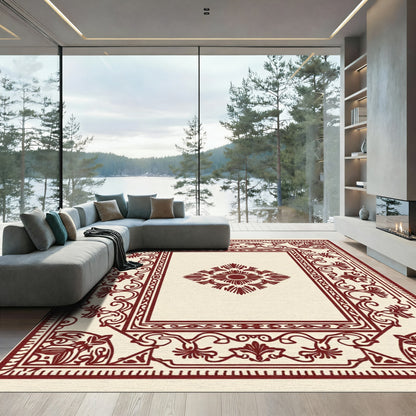 Deep Red Floral Diamond Frame Rug