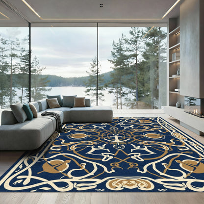 Navy Gold Anchor Scrollwork Rug