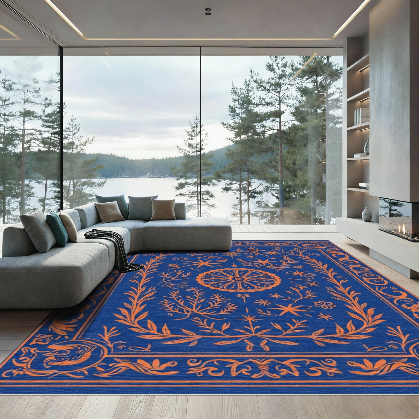 Orange Botanical Medallion Blue Rug