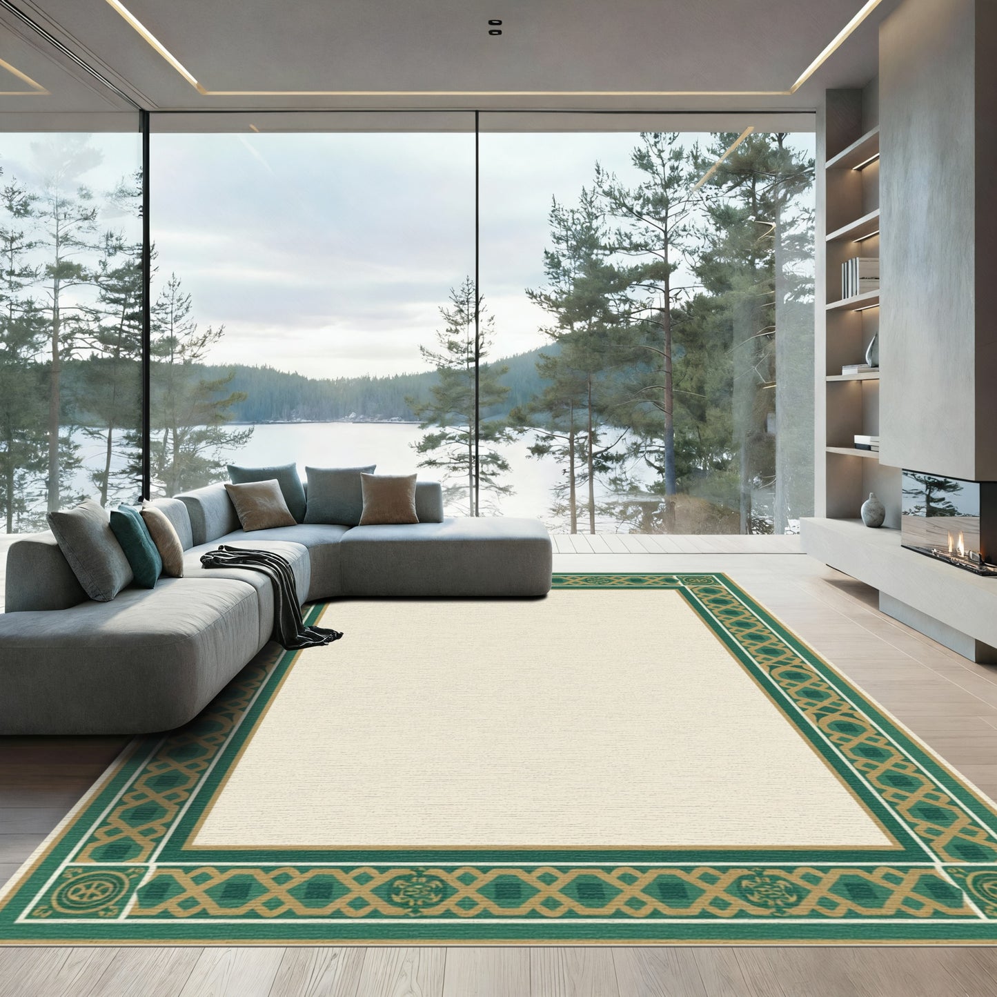 Emerald Gold Geometric Border Rug
