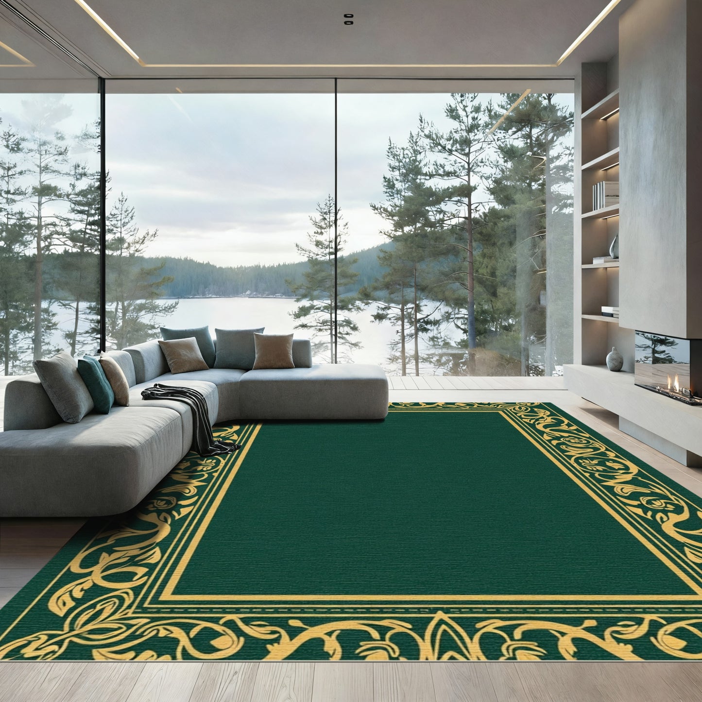 Rich Emerald Gold Floral Border Rug
