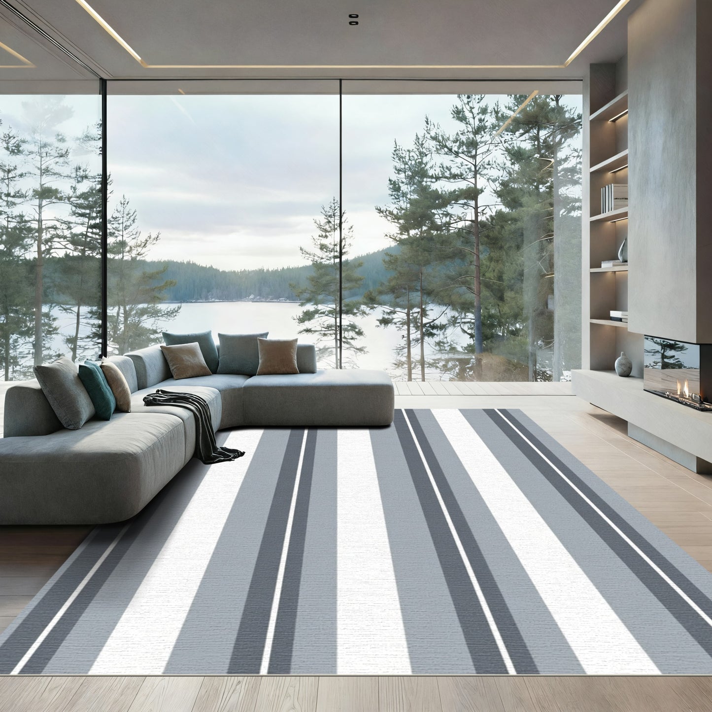 Modern Gray White Vertical Stripe Rug