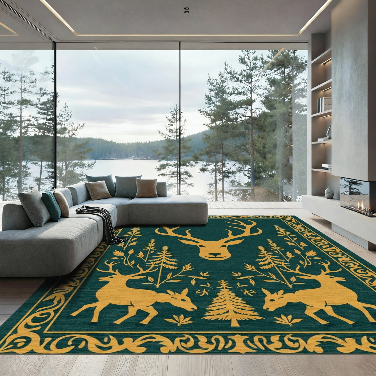 Golden Stag Forest Scene Rug