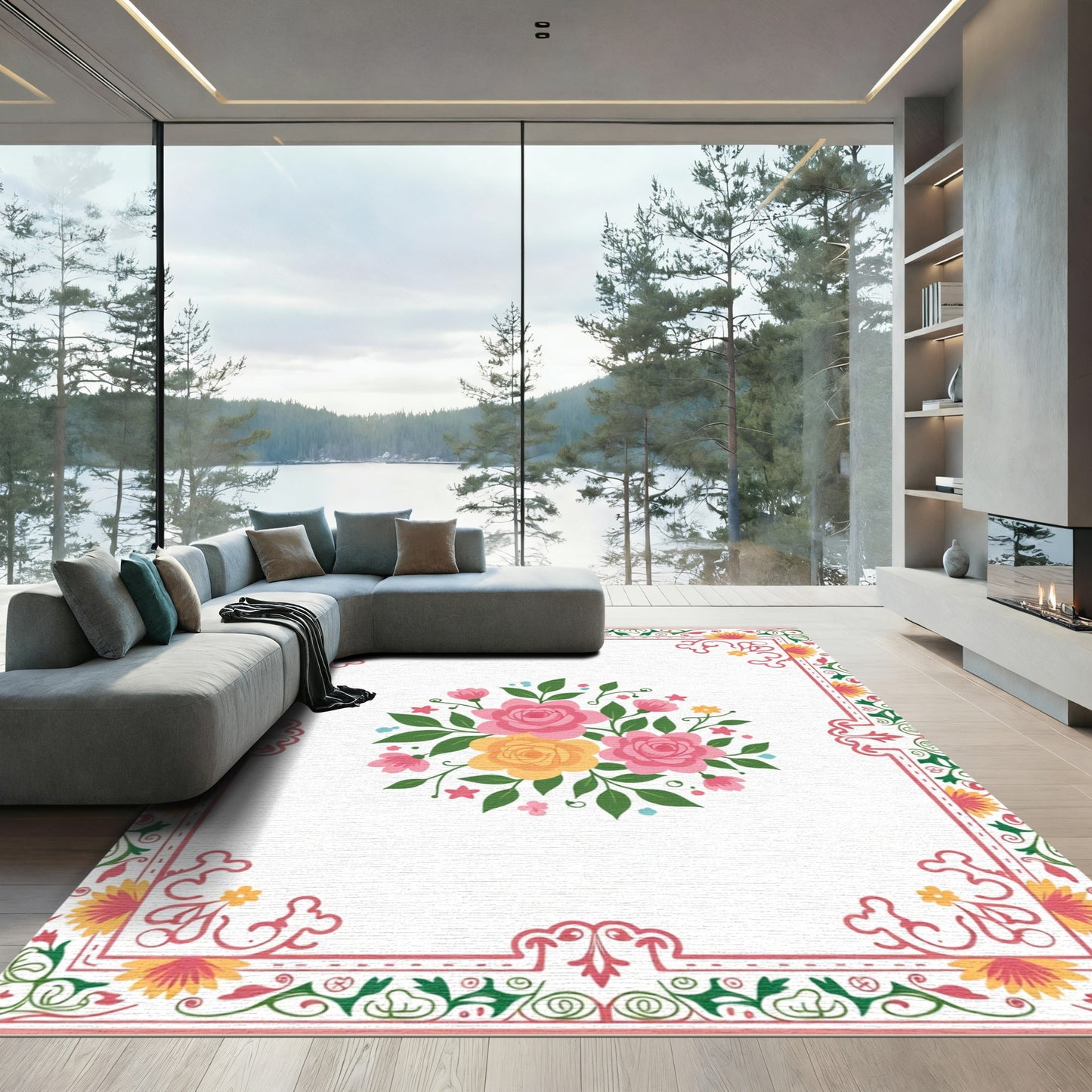 Pink Yellow Floral Bouquet Border Rug
