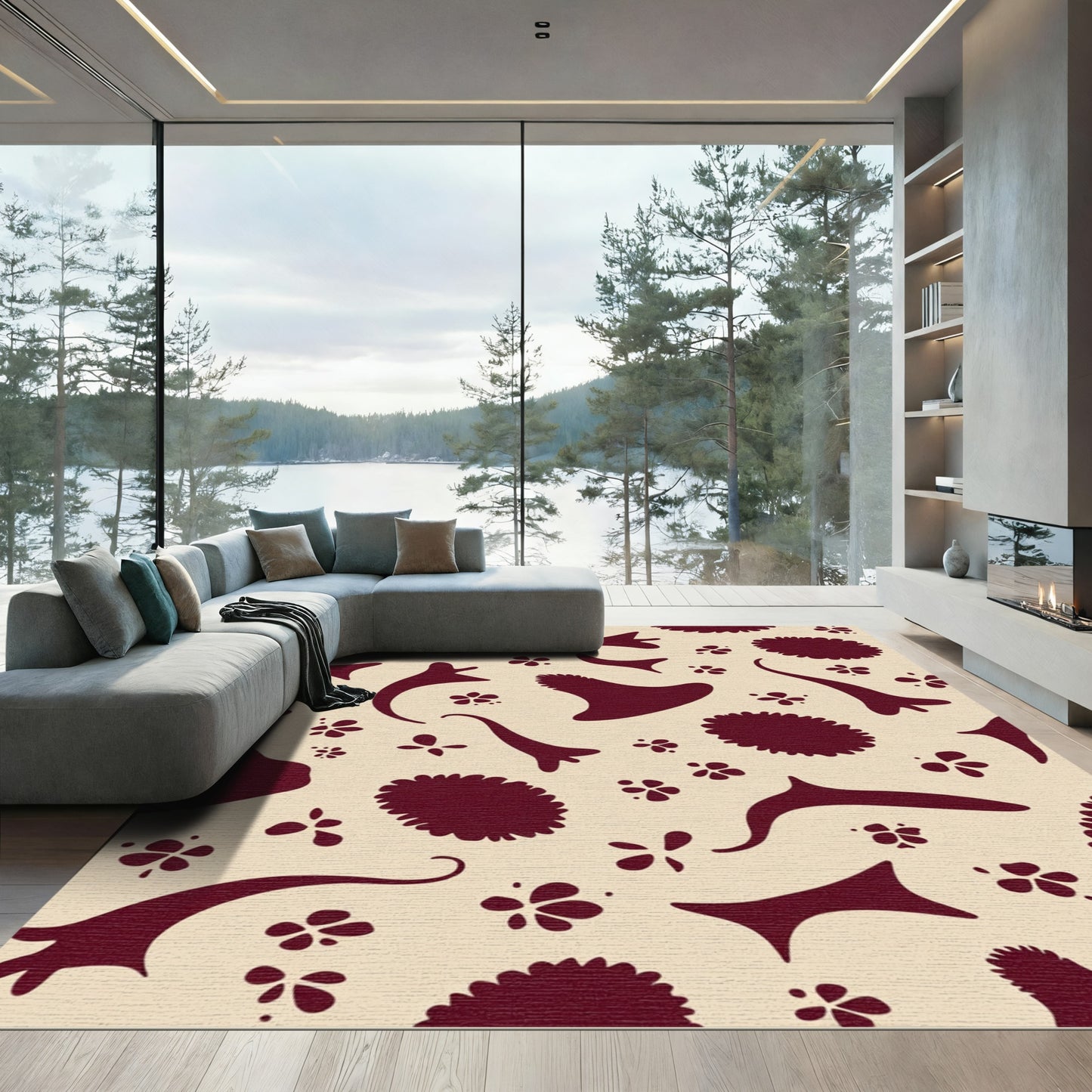 Crimson Floral Swirls Cream Rug