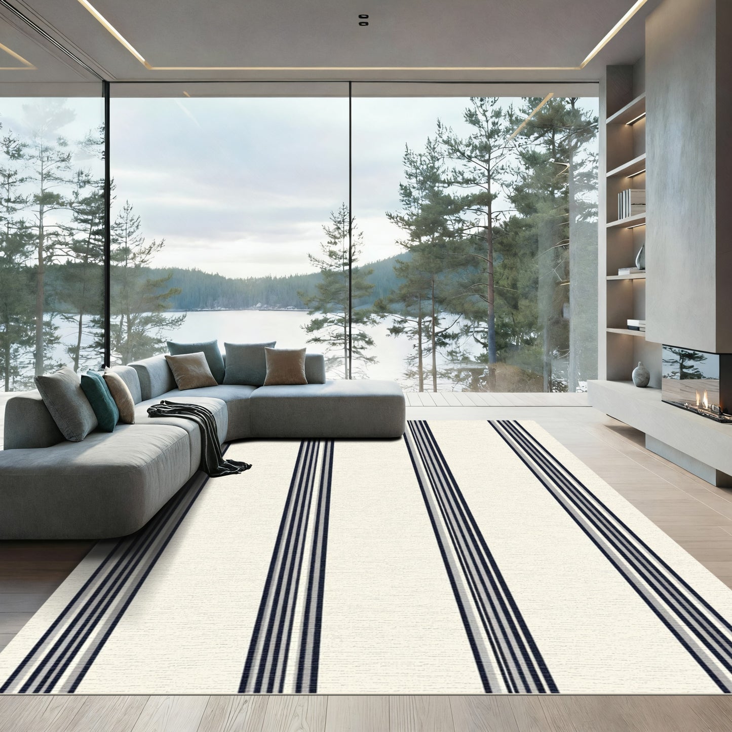 Cream Black Narrow Vertical Stripe Rug
