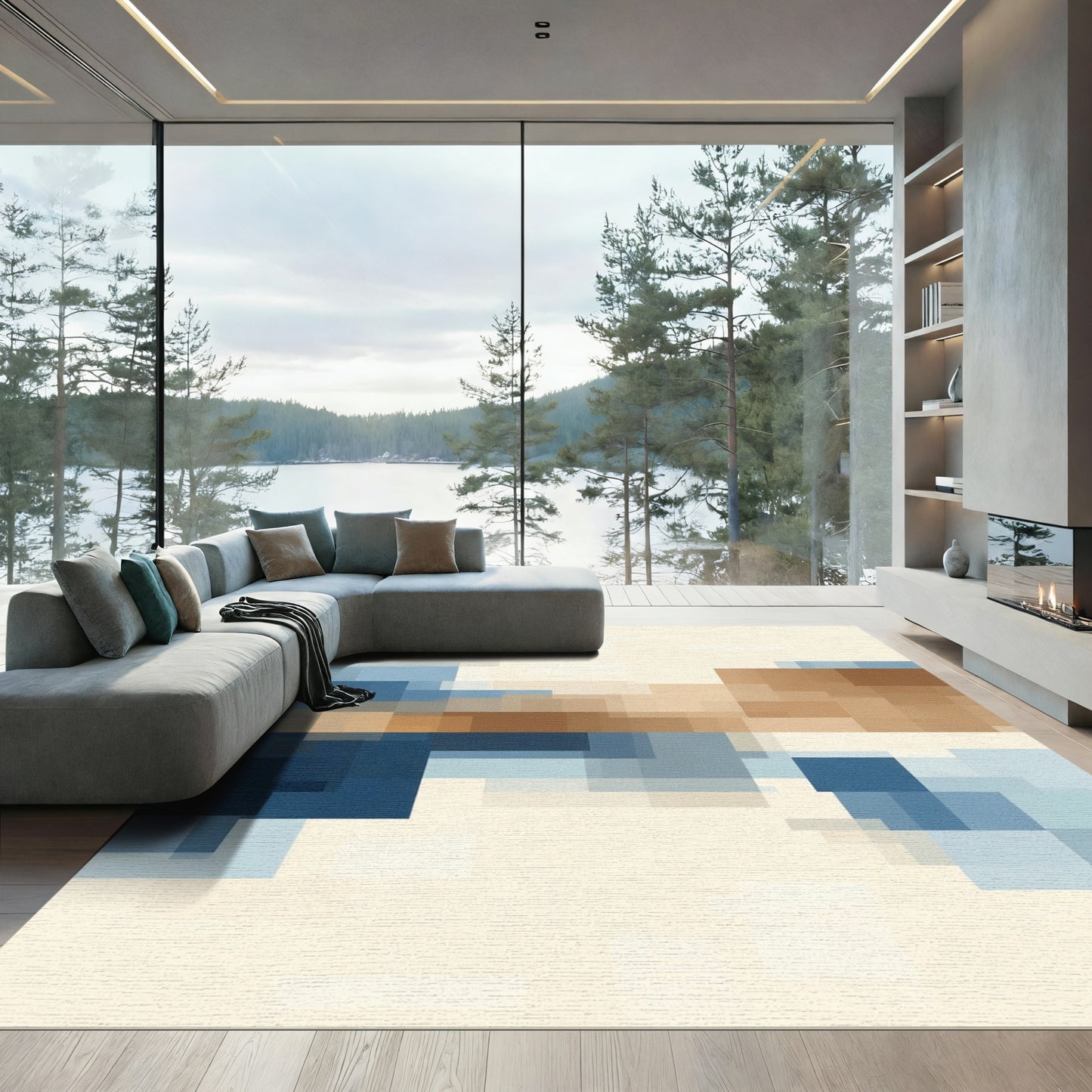 Abstract Blue Brown Geometric Blocks Rug