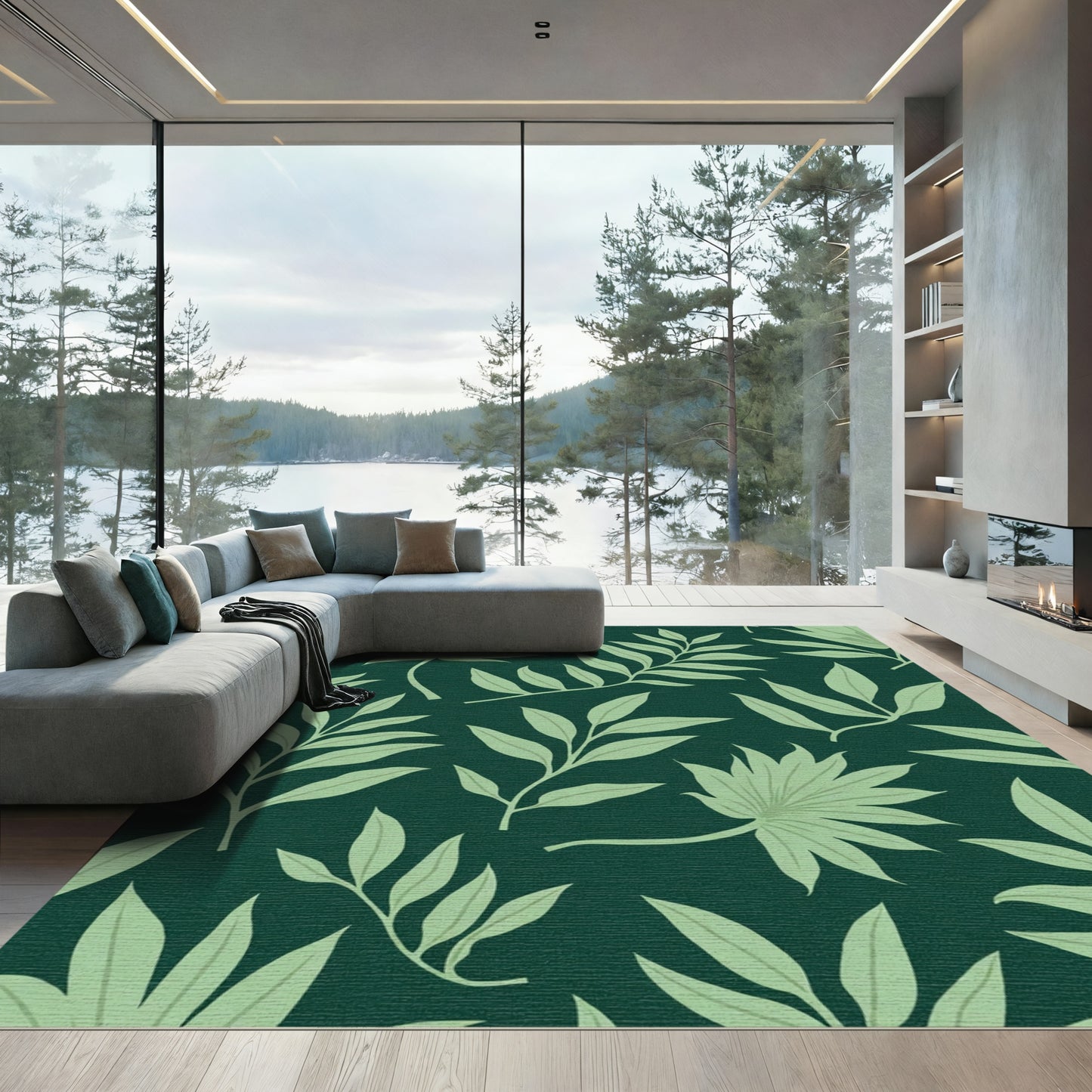 Verdant Forest Leaf Botanical Arrangement Rug