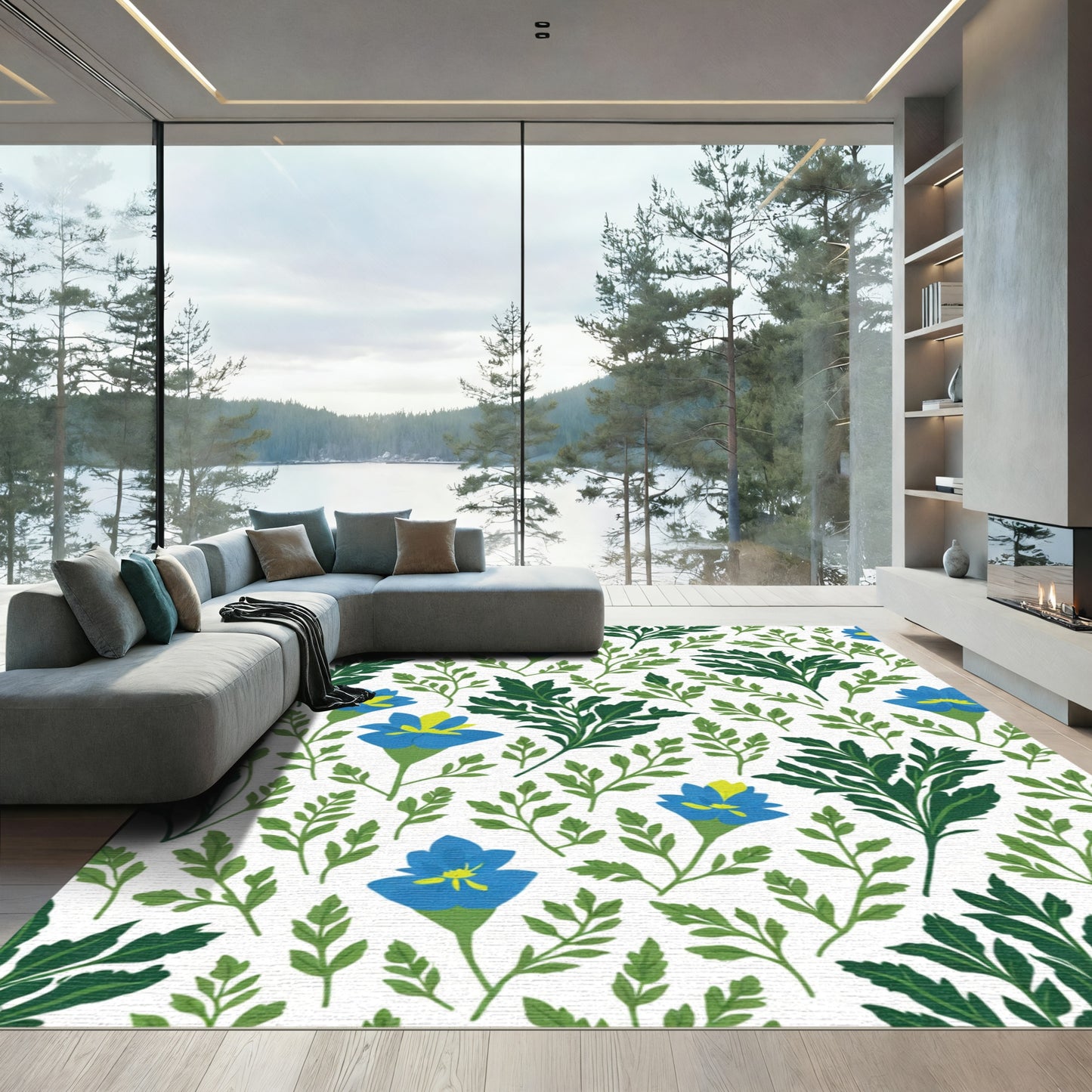 Vibrant Blue Flower Garden Pattern Rug