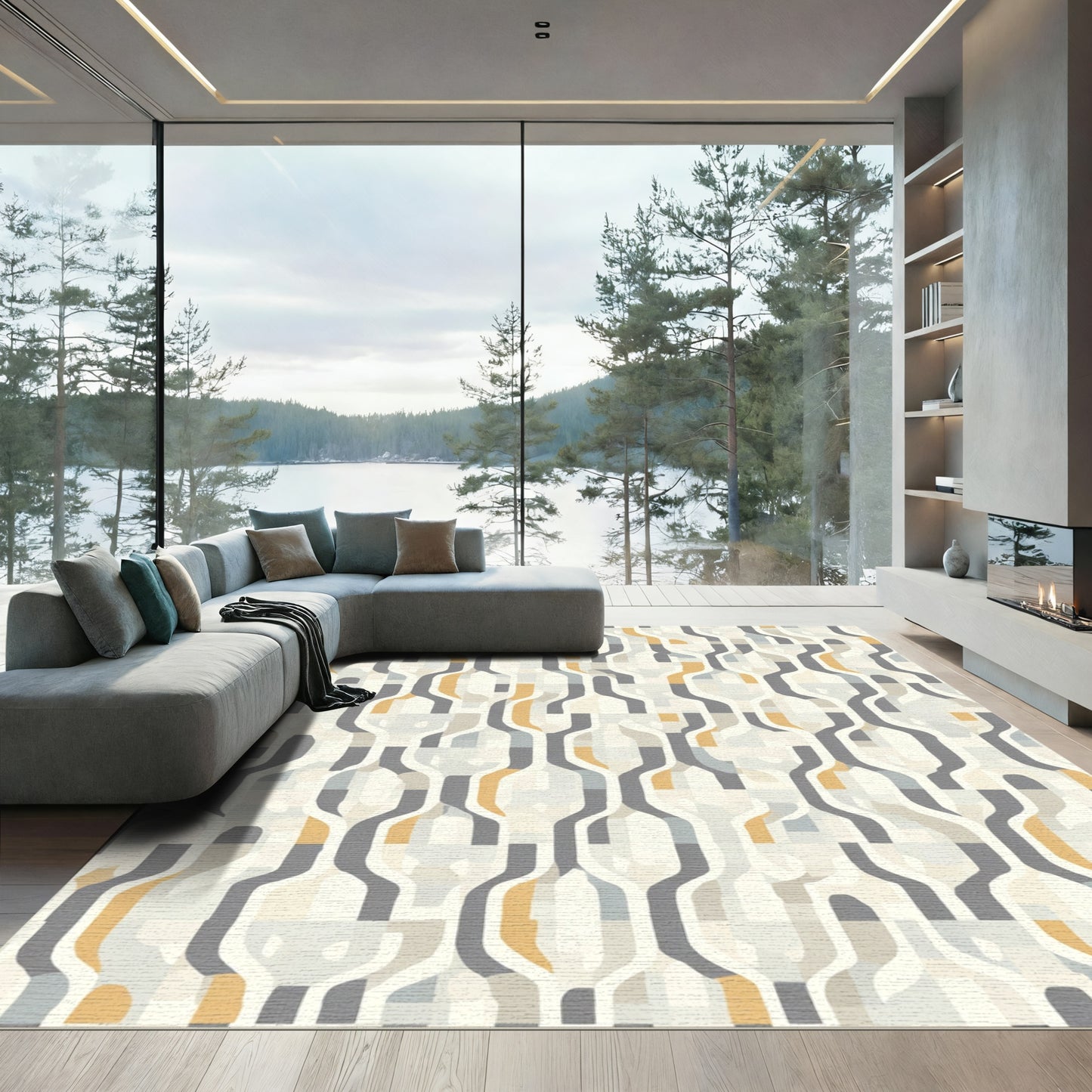 Geometric Abstract Amber and Grey Arrangement Rug