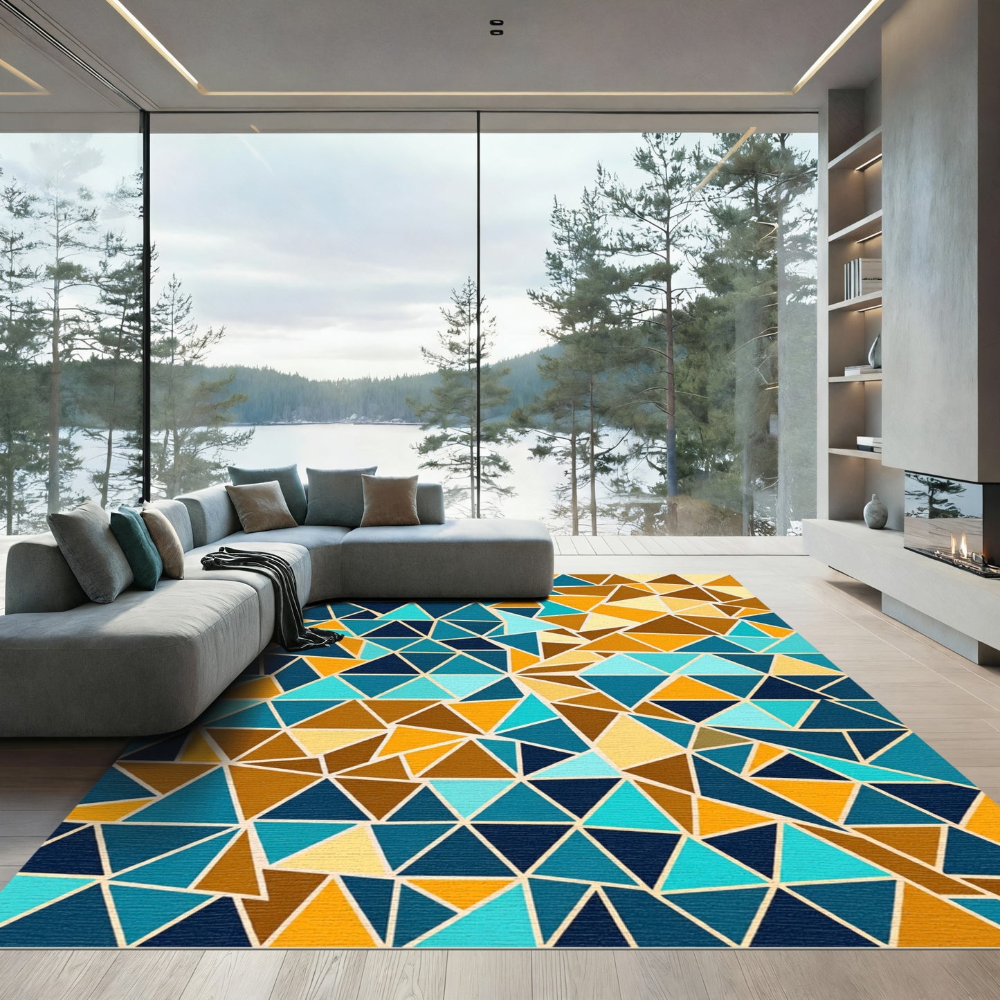 Teal Orange Abstract Geometric Triangle Rug