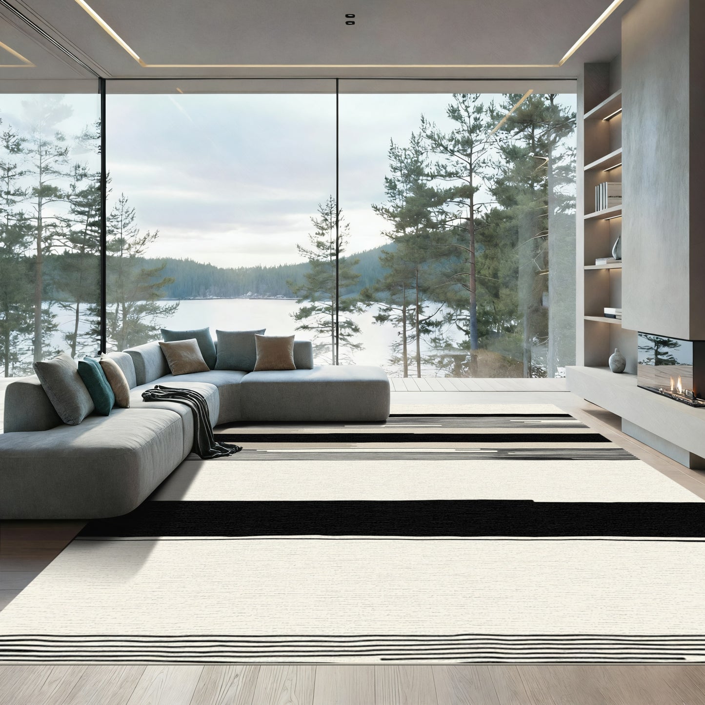Modern Black Cream Striped Abstract Rug