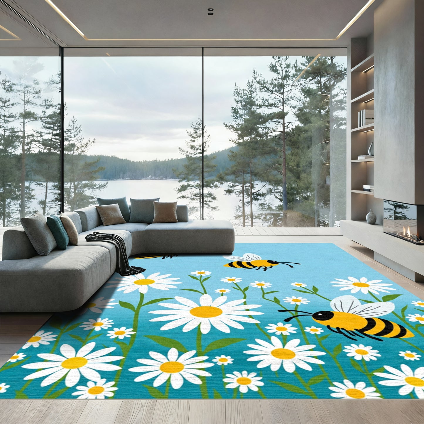 Whimsical Bees Among Daisy Meadow Rug