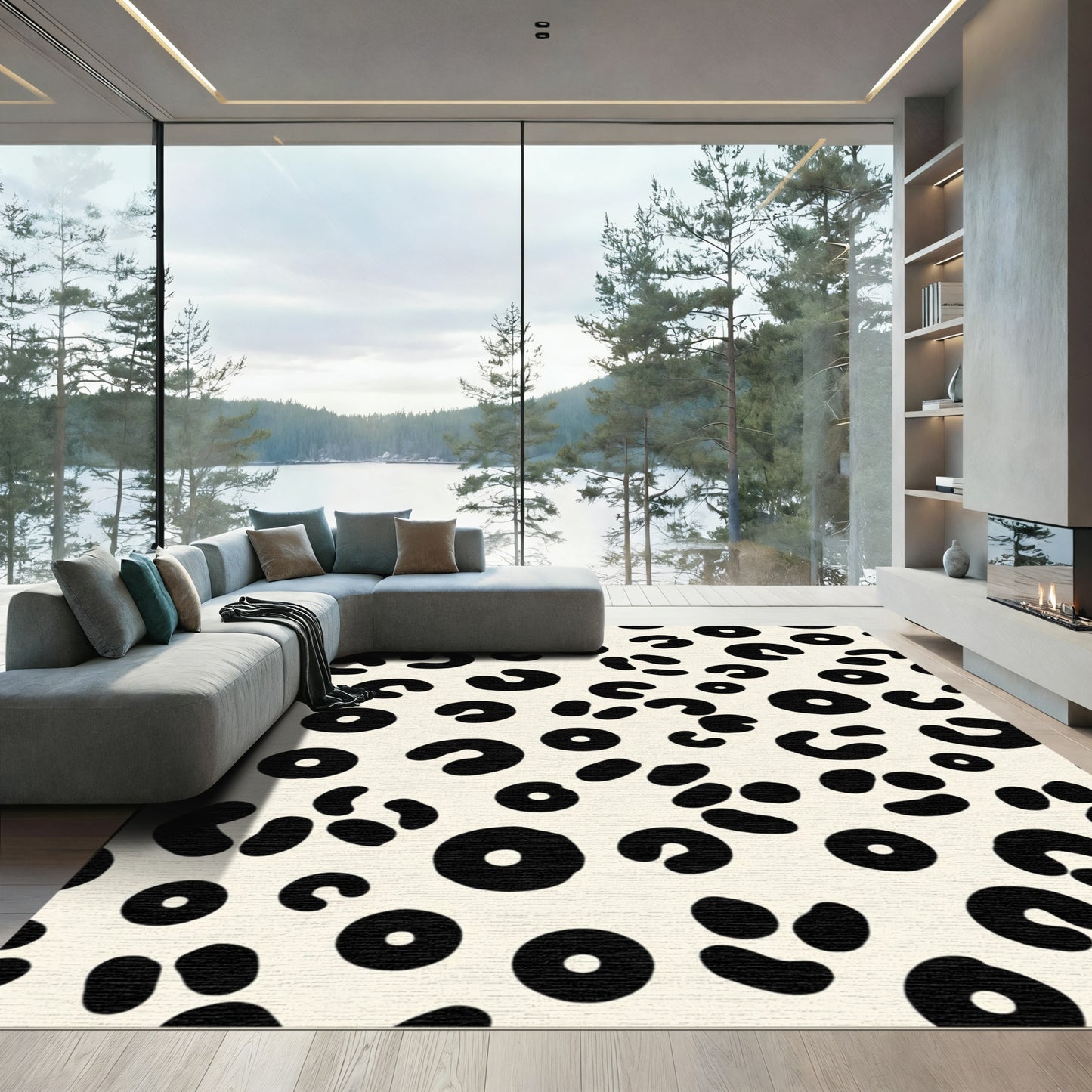 Black Cheetah Spots Cream Background Rug