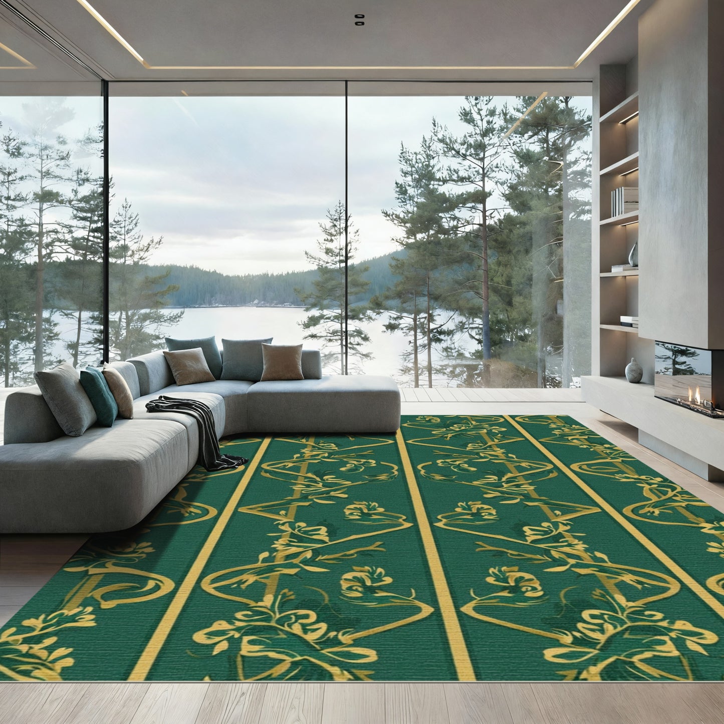 Emerald Gold Floral Vine Art Rug