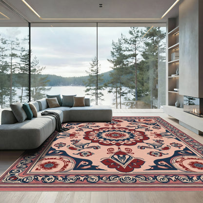 Crimson Navy Floral Medallion Border Rug