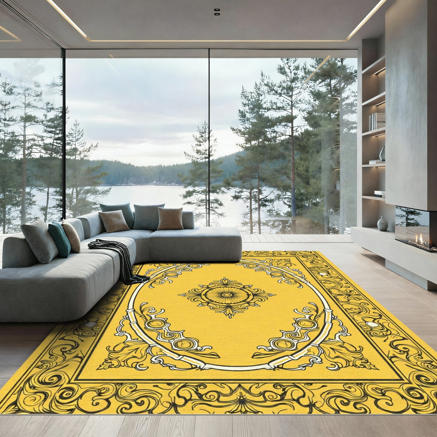 Lush Yellow Ornate Scrollwork Medallion Rug