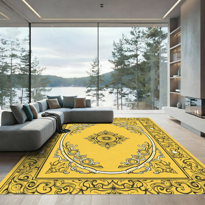 Lush Yellow Ornate Scrollwork Medallion Rug
