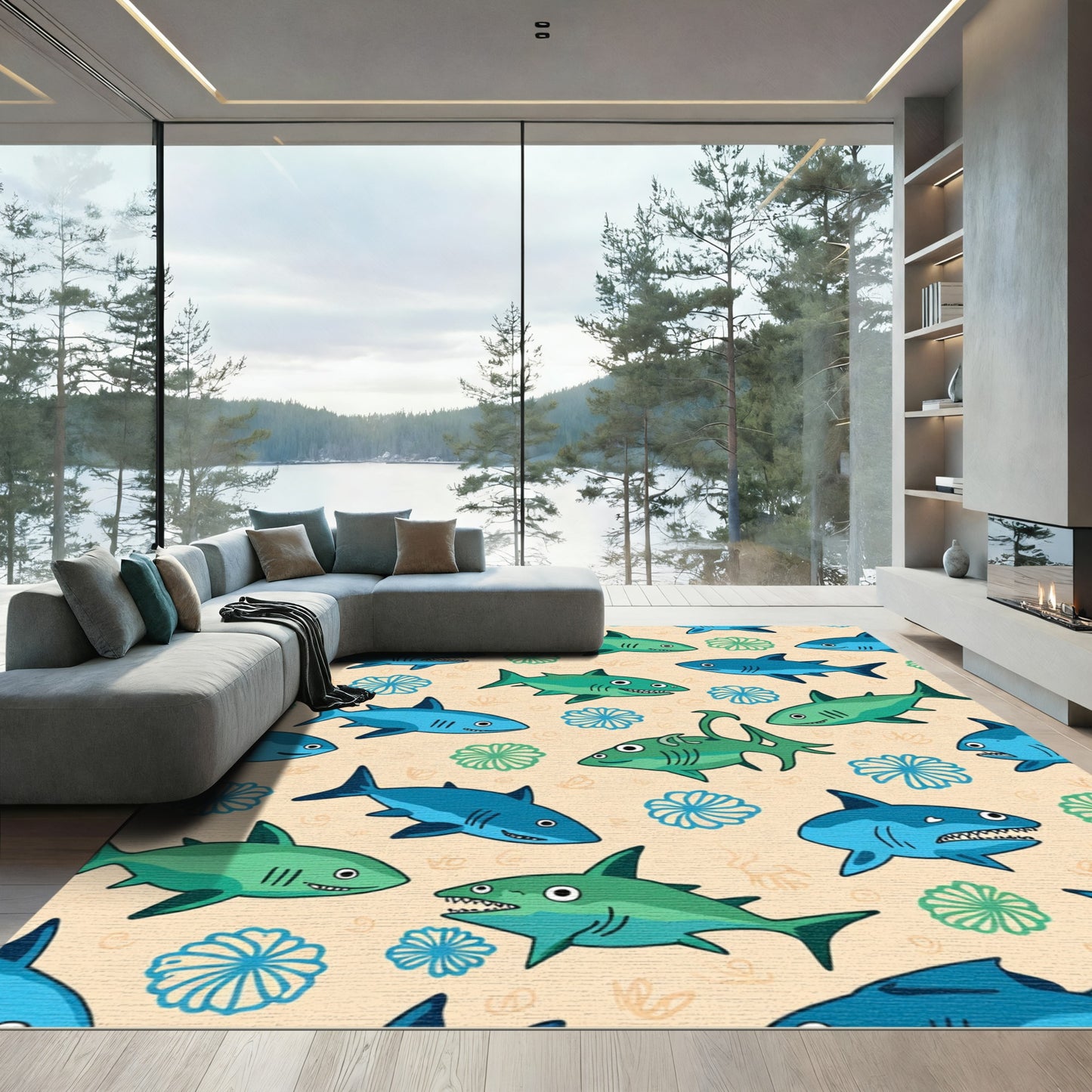 Playful Blue Green Shark Swarm Rug