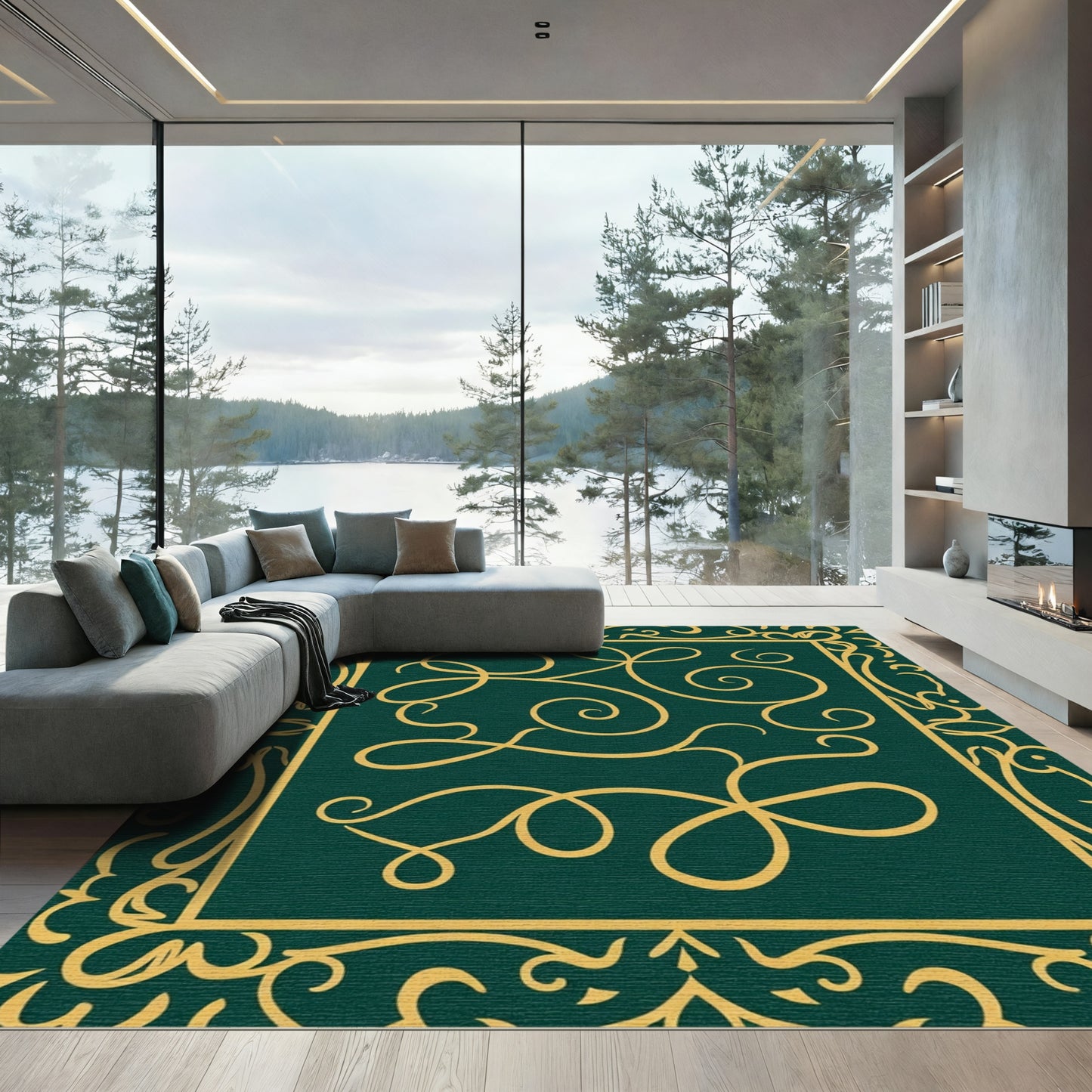 Deep Emerald Gold Swirling Vines Rug