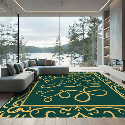 Deep Emerald Gold Swirling Vines Rug