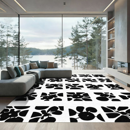 Black White Abstract Floral Squares Rug