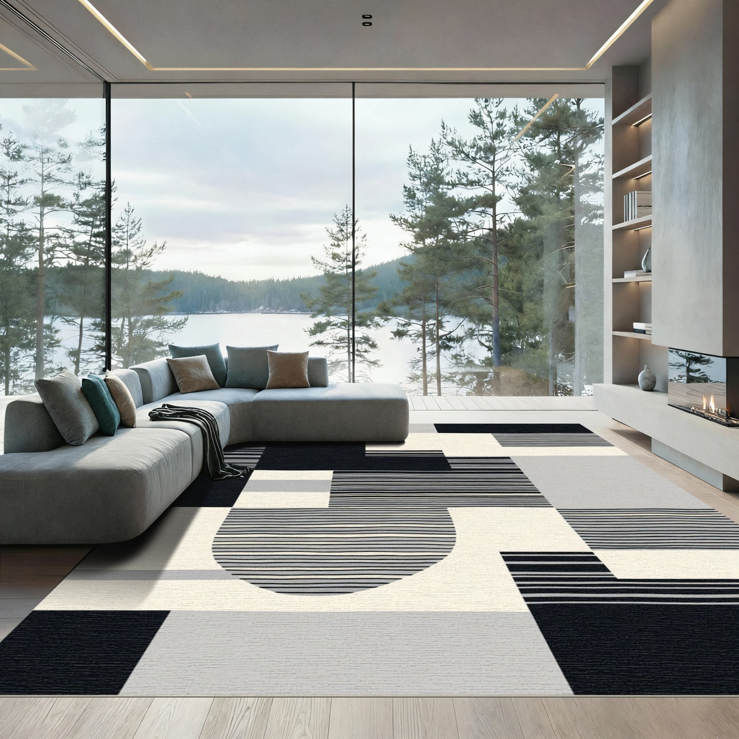 Monochromatic Geometric Stripe Assemblage Rug