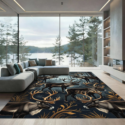 Majestic Reindeer Forest Woodland Scene Rug